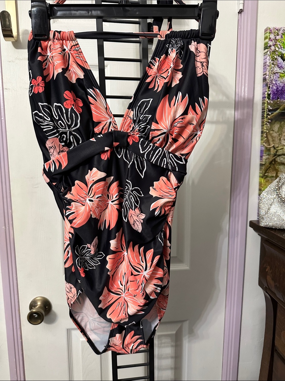 Black One-Piece Swimsuit with Coral Floral Print